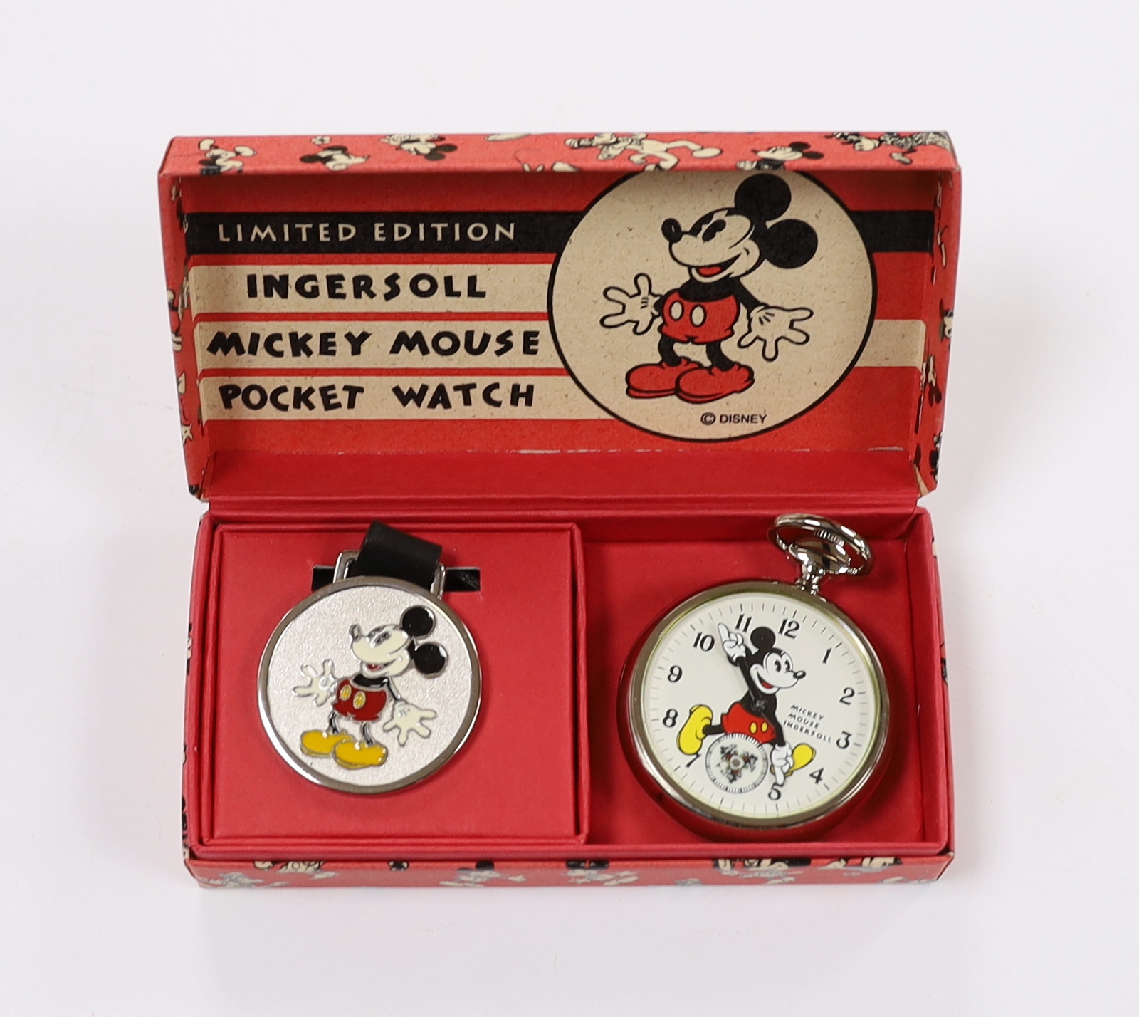 A boxed limited edition Ingersoll Watch Company Mickey Mouse pocket watch and medallion, numbered 4013/5000, case diameter 44mm.